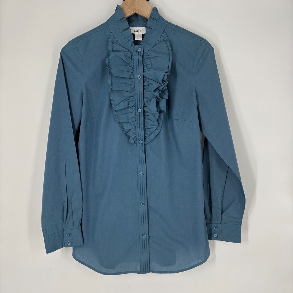 Ann Taylor LOFT Womens Blue Ruffle Bib Button Up Top Size M Edwardian Cottage‎
